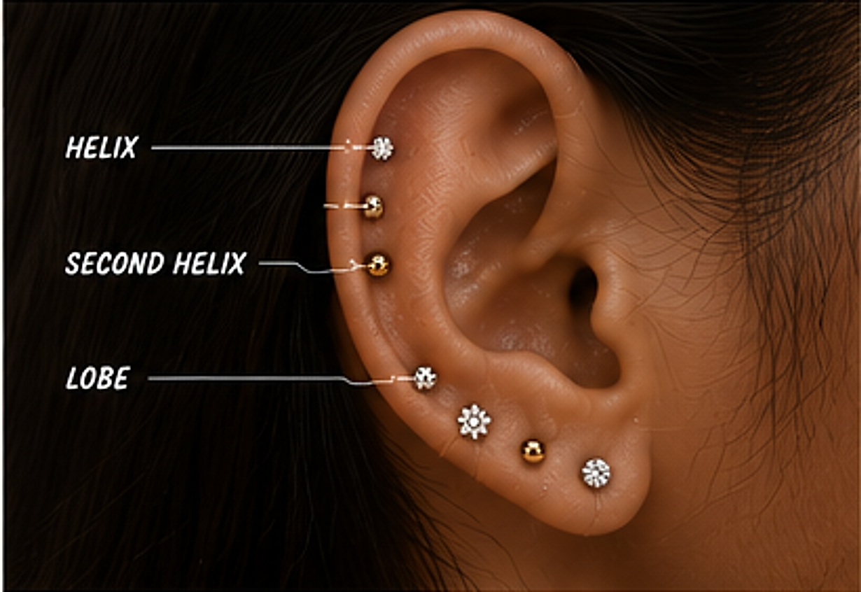Ear piercing placements — helix, second helix, lobe